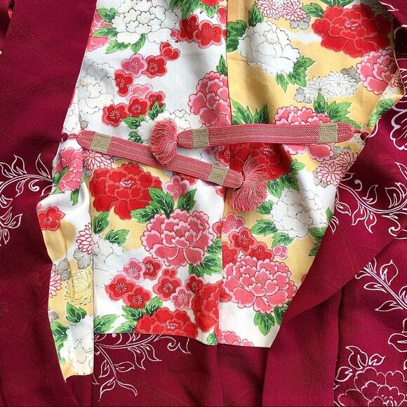 Vintage Japanese kimono robe silk floral print red - Picture 2 of 6